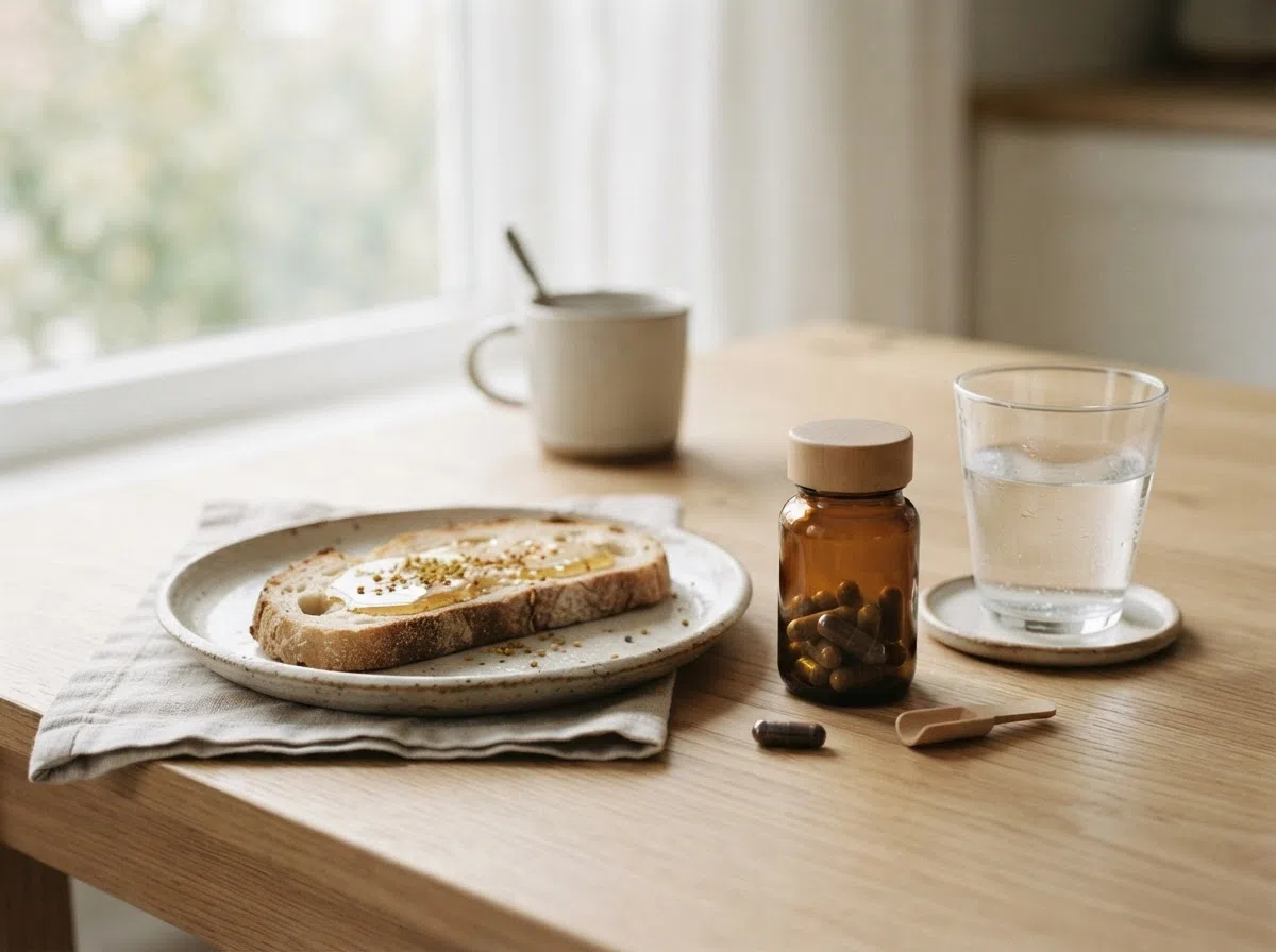 Morning breakfast setup with water glass and supplements on kitchen table